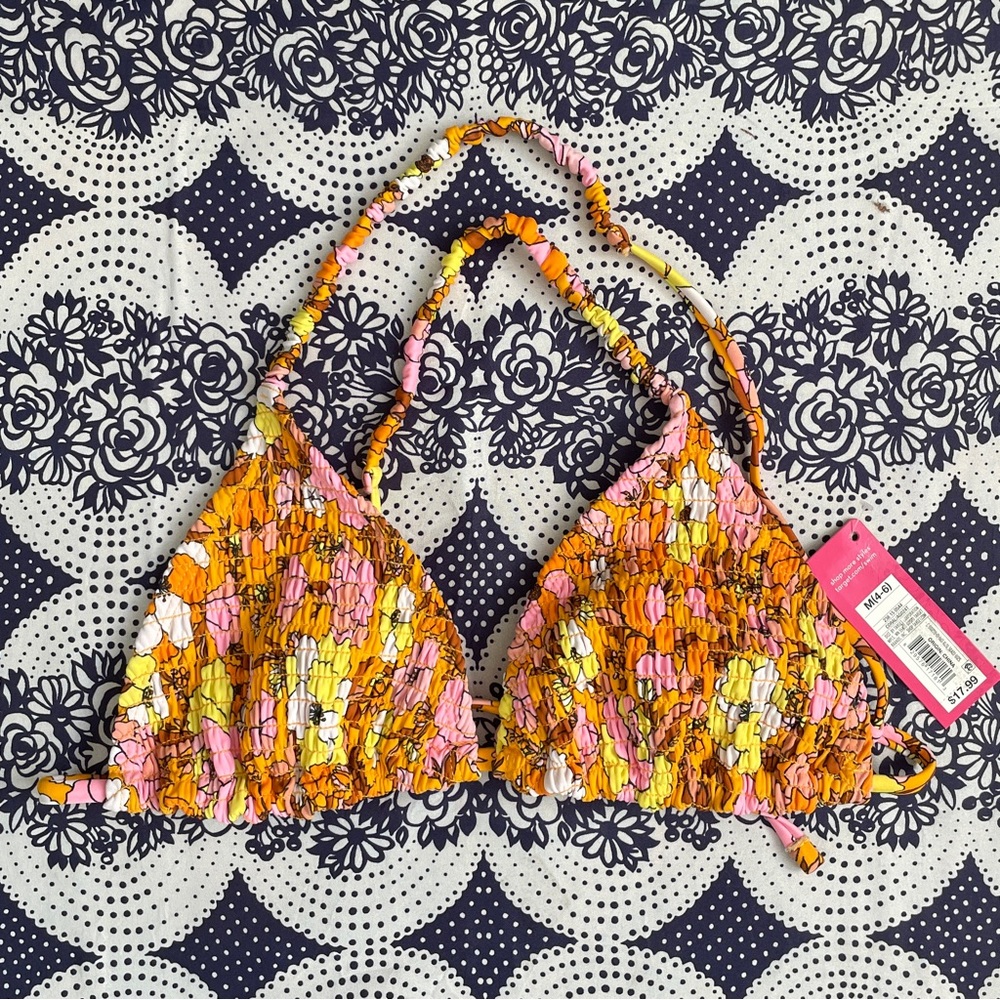 Vibrant pink, yellow, and orange floral bikini top
